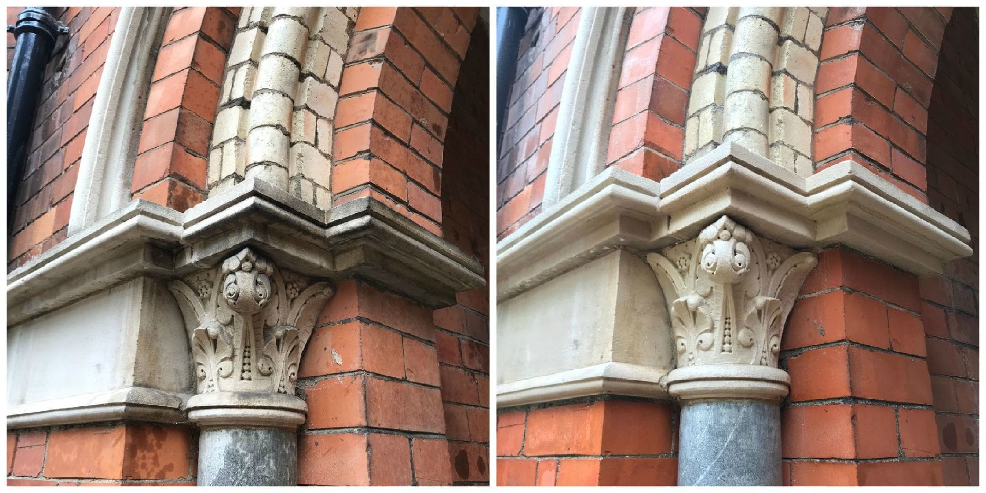 Before and After photo of red brick and stone cleaned by TORC system